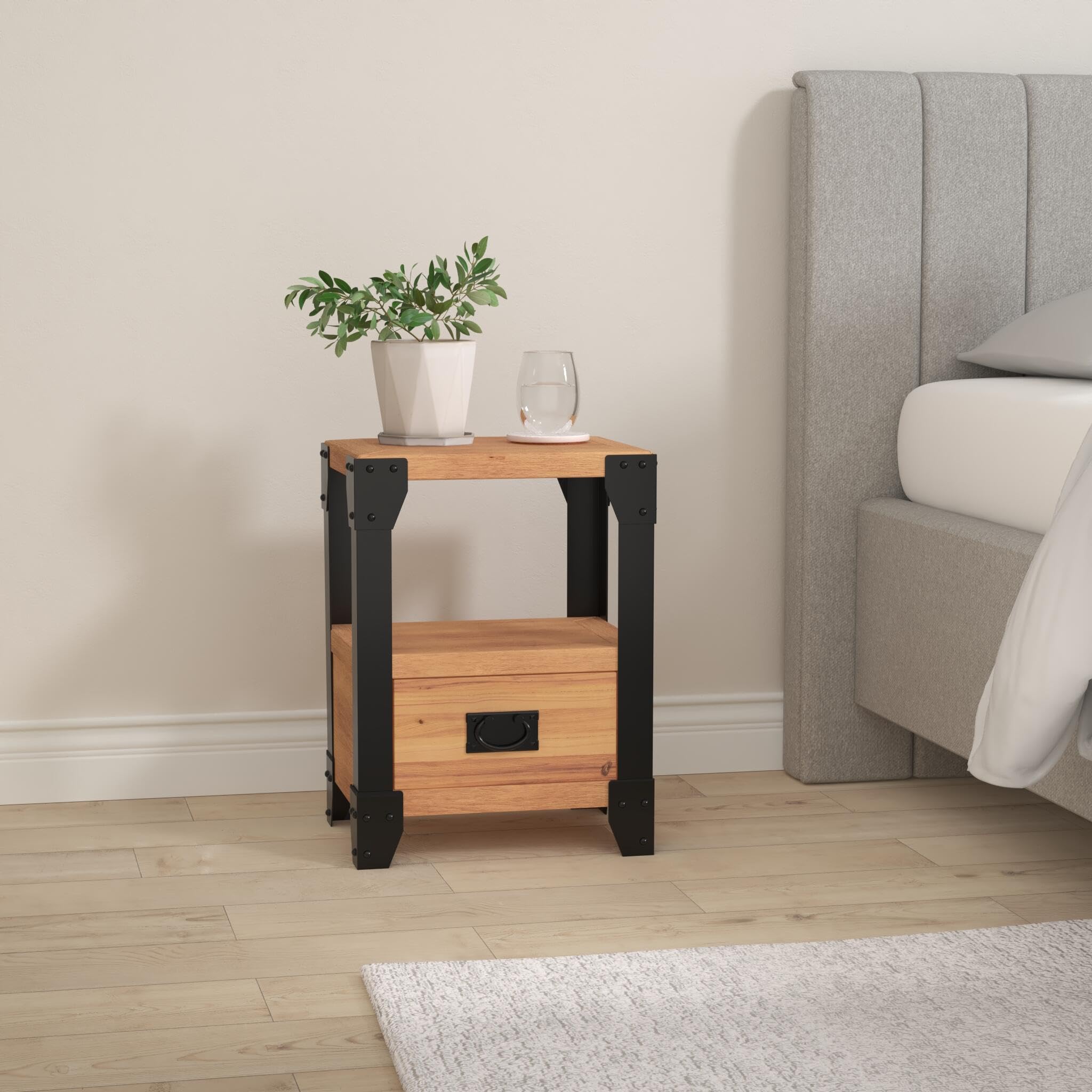 vidaXL Solid Acacia Wood Nightstand Bedside Table Side Cabinet Hardwood Furniture with 1 Drawer and 1 Shelf Durable Sturdy Steel Small